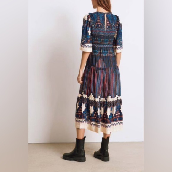 ba&sh Blue and White Smocked Mandie Midi Dress XS - Picture 7 of 16